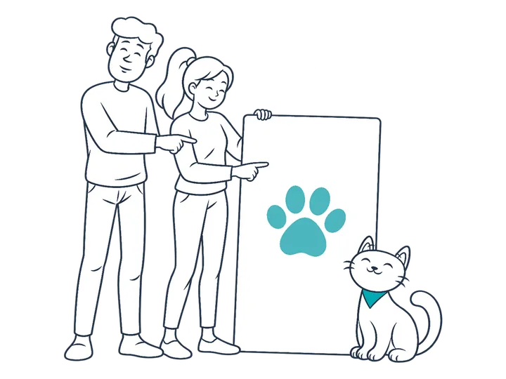 A couple points at a card with a paw print while a Miwuki cat watches.