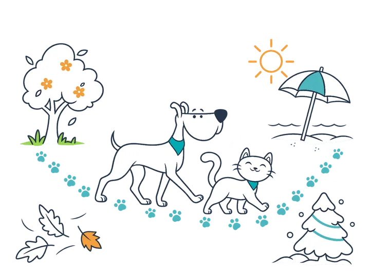 A Miwuki dog and cat walk along a paw-print trail through the four seasons.