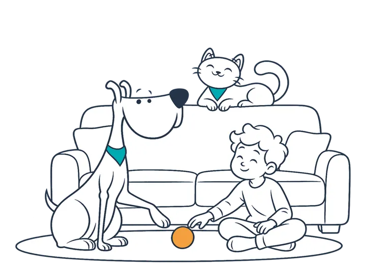 A Miwuki dog plays with a child in the living room while a cat watches from the sofa.