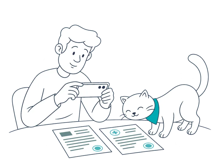 Una persona fotografía con el móvil la factura y el informe sellados por el veterinario