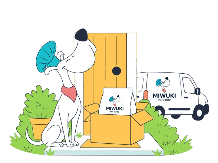 The Miwuki Pet Food mascot receives the box with its food bag at home