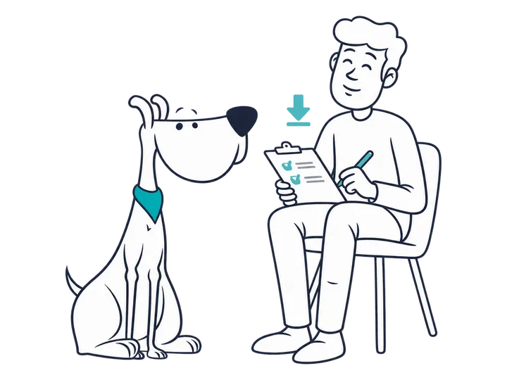 A volunteer fills in the pre-adoption form next to a dog