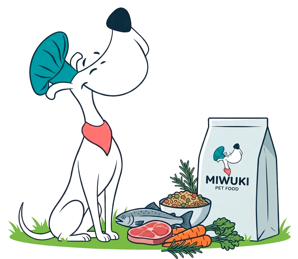 Ilustración de Miwuki Pet Food: perro comiendo de su cuenco