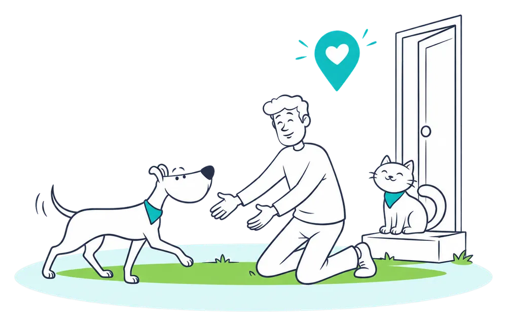 Ilustración de un hombre de rodillas que recibe con los brazos abiertos al perro de Miwuki que vuelve a casa, mientras el gato espera en la puerta; los dos llevan pañuelo turquesa