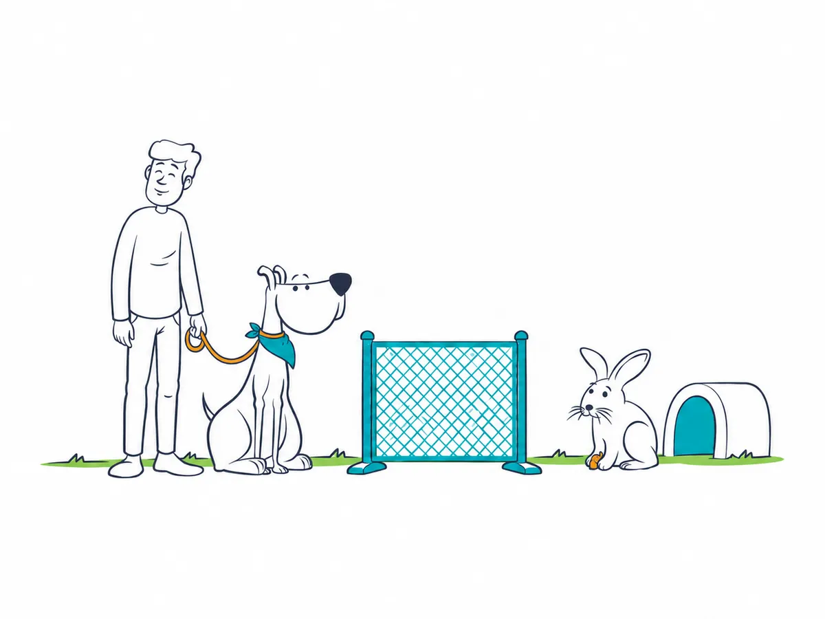 Ilustración de Miwuki: Persona con un perro sujeto con correa y un conejo al otro lado de una barrera