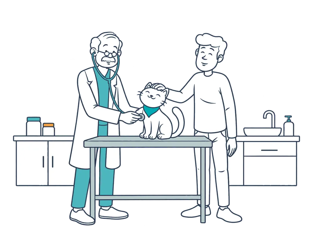 Un veterinario ausculta a un gato en la consulta mientras su dueño lo acaricia