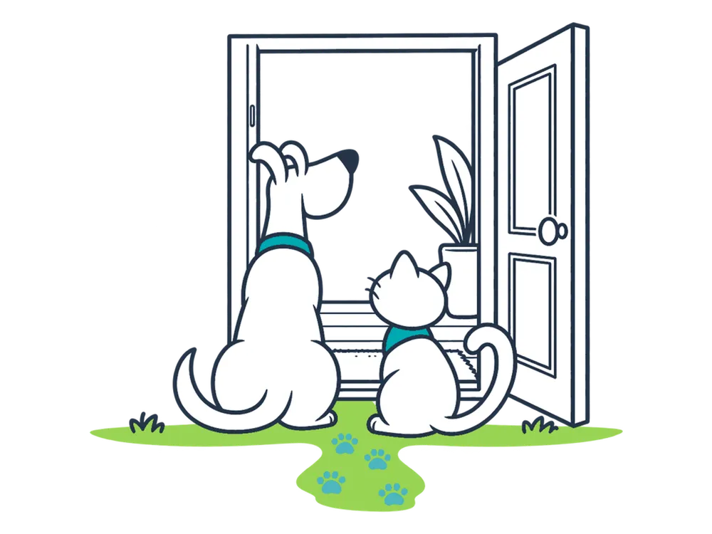 A Miwuki dog and cat at the open door of a home.