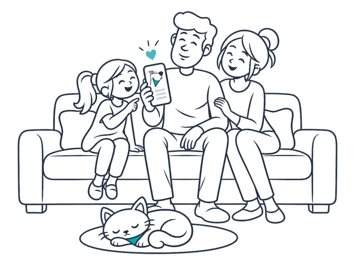 A family happily looking at an animal's profile on a phone.