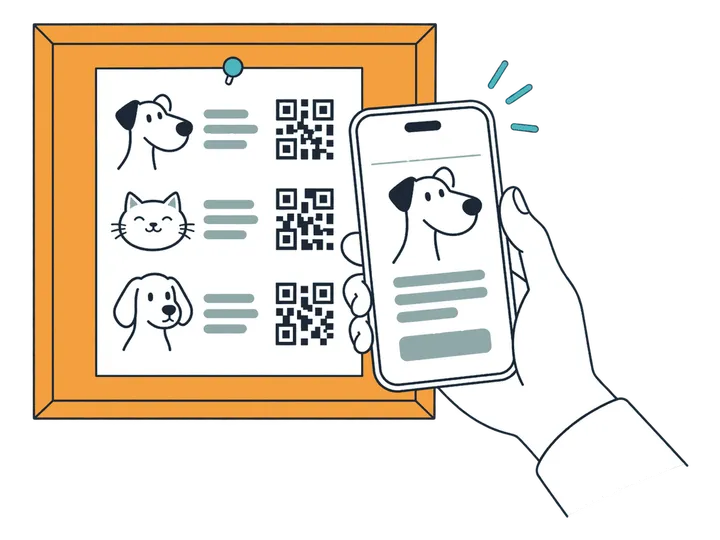 A printed list of adoptable animals with a QR code per animal, scanned with a phone