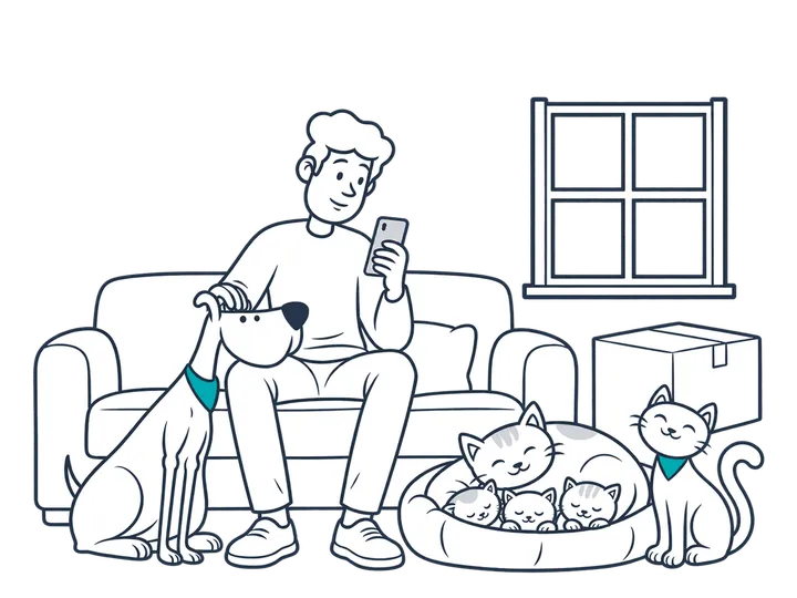 A young man on the sofa looks at his phone while stroking the Miwuki dog; beside him, a cat with three kittens in a bed and the Miwuki cat next to a box.