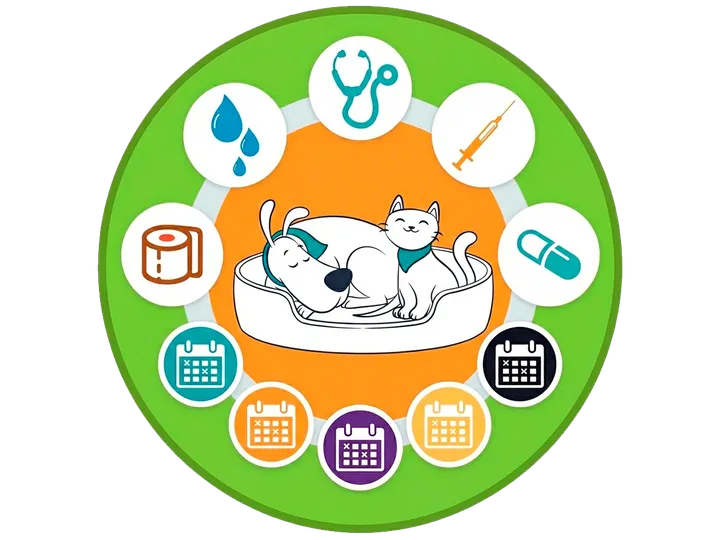 Iconos de vacunas, higiene, medicación y calendarios alrededor de un perro y un gato descansando