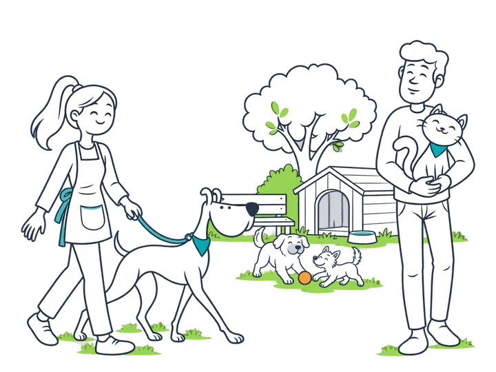 A volunteer walks the Miwuki dog and another holds the Miwuki cat in a shelter yard, with two dogs playing by a kennel.