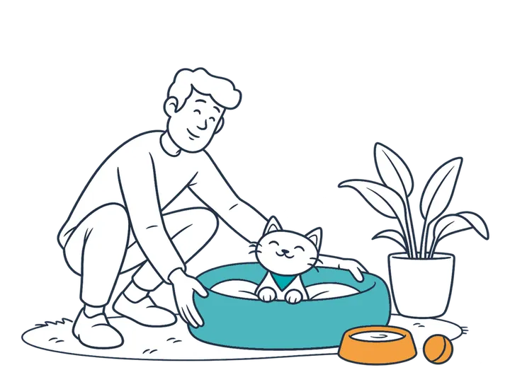 A person preparing a bed and bowl to welcome an animal.