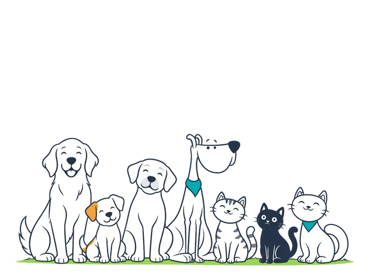 Dogs and cats of different ages and sizes sitting together.