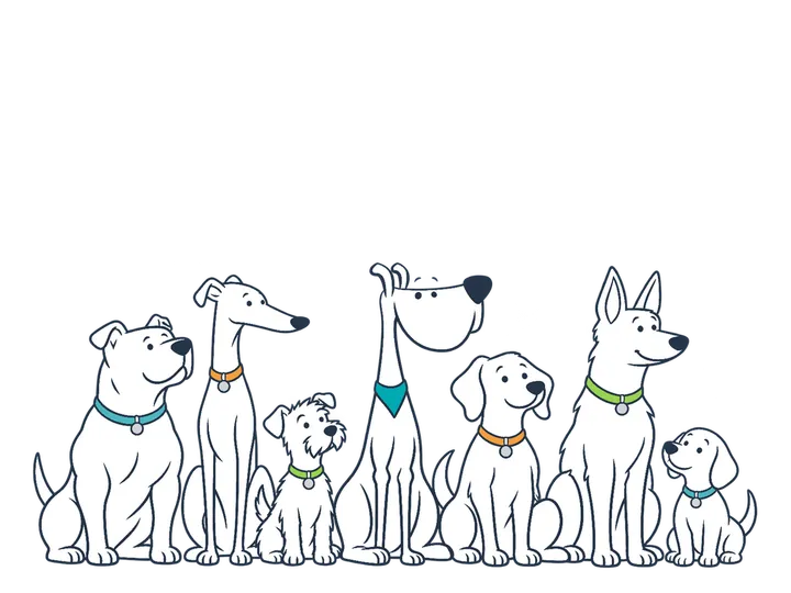 Perros de razas y tamaños distintos sentados juntos.