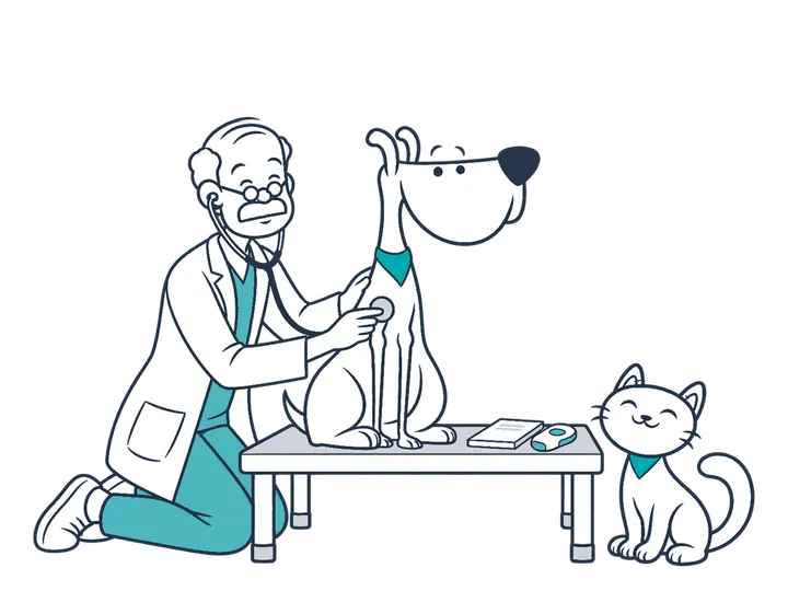 Un veterinario revisa con el fonendoscopio a un perro de Miwuki mientras un gato espera a su lado.