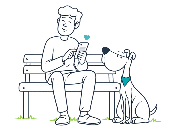 A person looks happily at their phone on a bench next to a Miwuki dog.