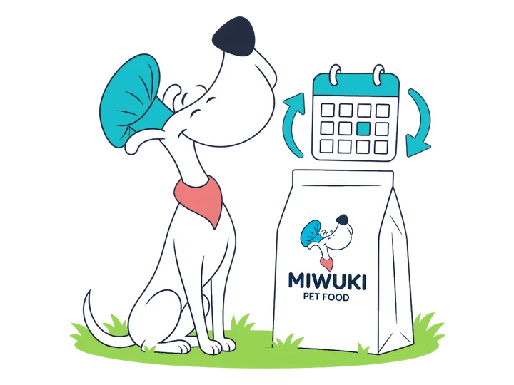 The Miwuki Pet Food mascot next to its bag and a calendar of regular deliveries