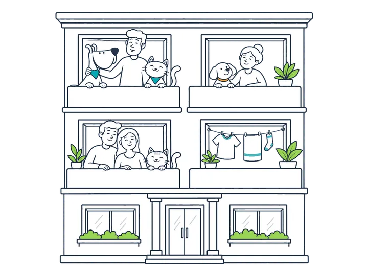A block of flats with neighbours, dogs and cats looking out from the balconies.