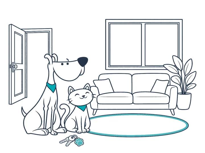 The Miwuki dog and cat sitting in the living room of a new flat, by the door and a set of keys with a paw print.