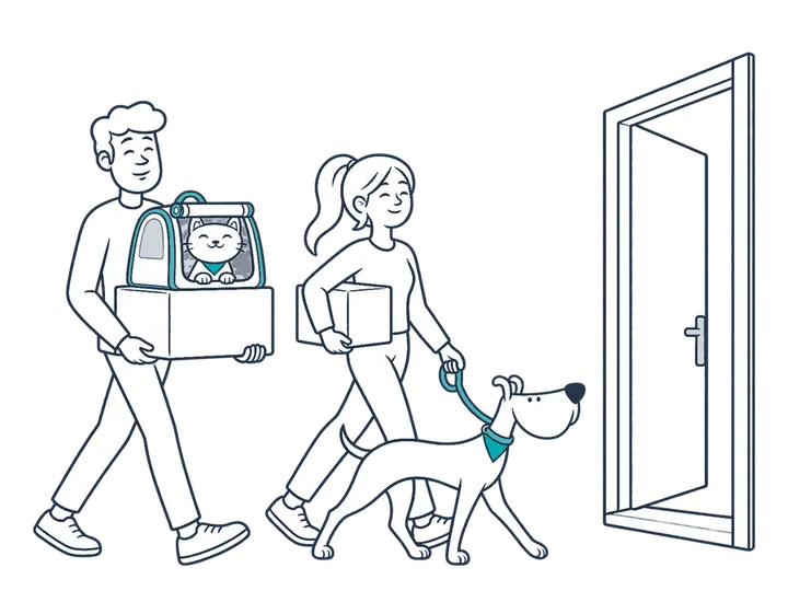 A couple moves house carrying boxes; she walks the Miwuki dog and he carries the cat in a pet carrier.